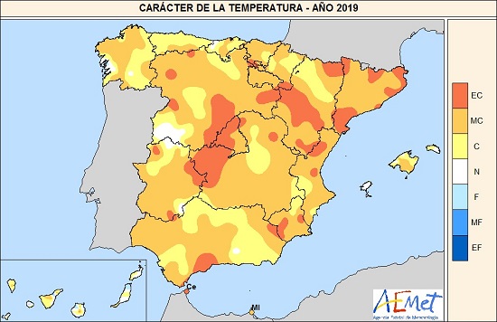 Carácter de la temperatura del año 2019. EC = Extremadamente Cálido, MC = Muy cálido, C = Cálido, N = Normal, F = Frío, MF = Muy Frío y EF = Extremadamente frío