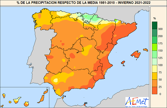 Porcentaje de precipitación acumulada con respecto a la media 1981-2010 en el invierno de 2021-2022