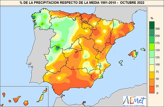 Porcentaje de la precipitación acumulada en octubre de 2022 respecto de la media 1981-2010