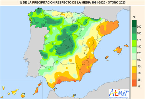 Precipitación acumulada en el otoño de 2023 con respecto al promedio del período de referencia 1991-2020.