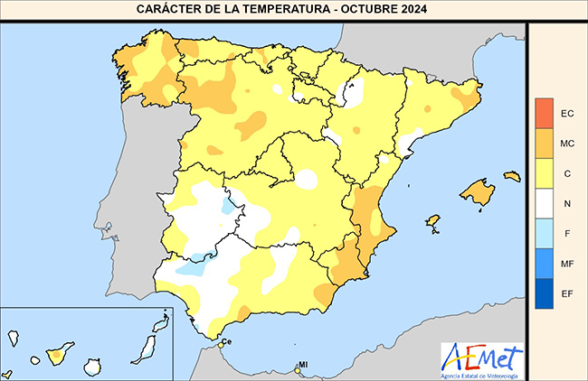 Carácter de la temperatura en octubre de 2024.
