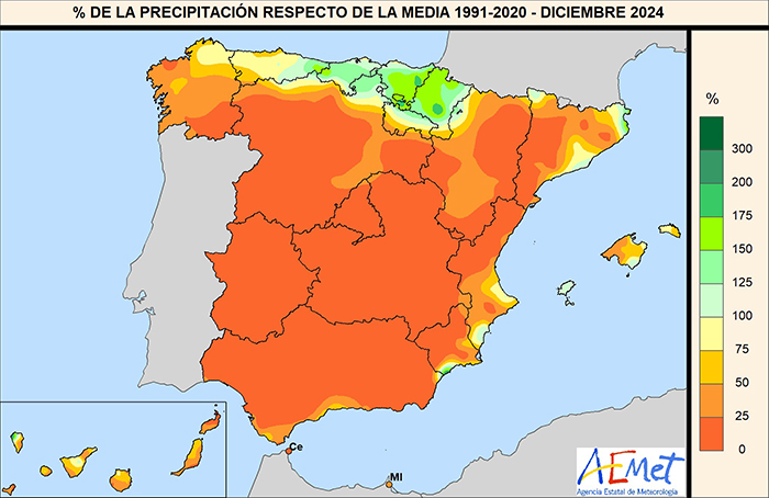 Porcentaje de la precipitación con respecto a la media 1991-2020 en diciembre de 2024.