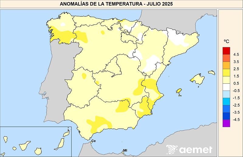 Anomalías de las temperaturas medias en julio de 2025 respecto al período 1991-2020.