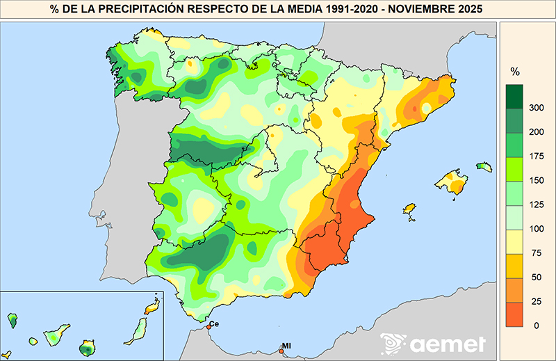 Porcentaje de la precipitación con respecto a la media 1991-2020 en noviembre de 2025.