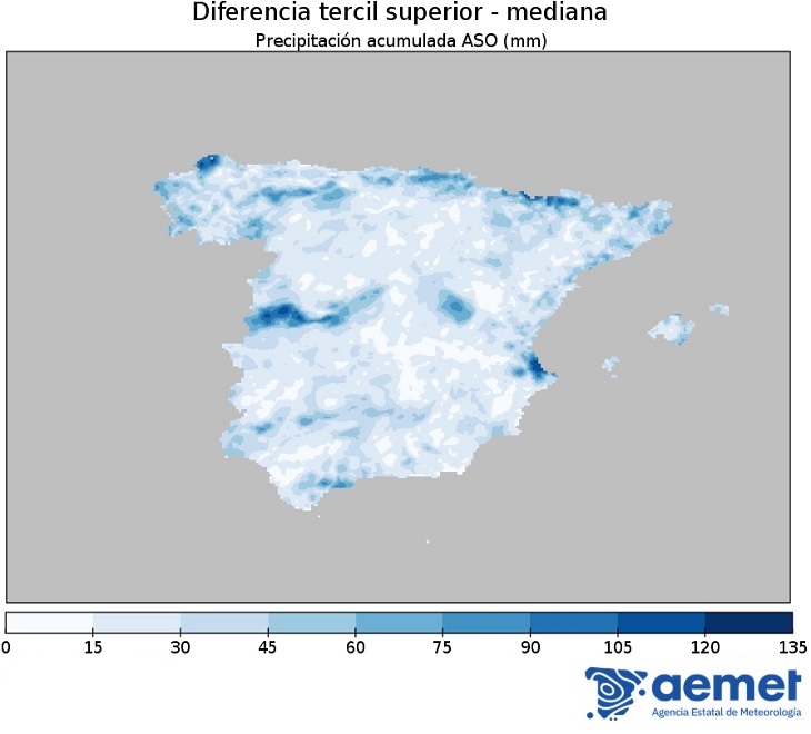 Diferencia tercil superior - mediana de la precipitación acumulada (mm) de la Península y Baleares