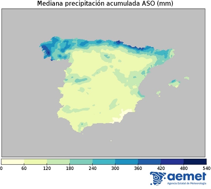 Mediana de la precipitación acumulada (mm) de la Península y Baleares