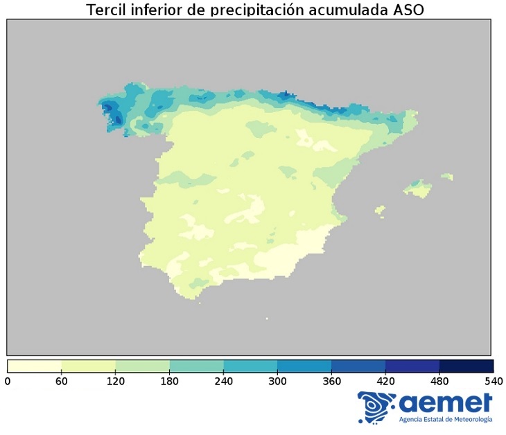 Tercil inferior de la precipitación acumulada (mm) de la Península y Baleares