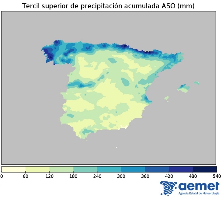 Tercil superior de la precipitación acumulada (mm) de la Península y Baleares
