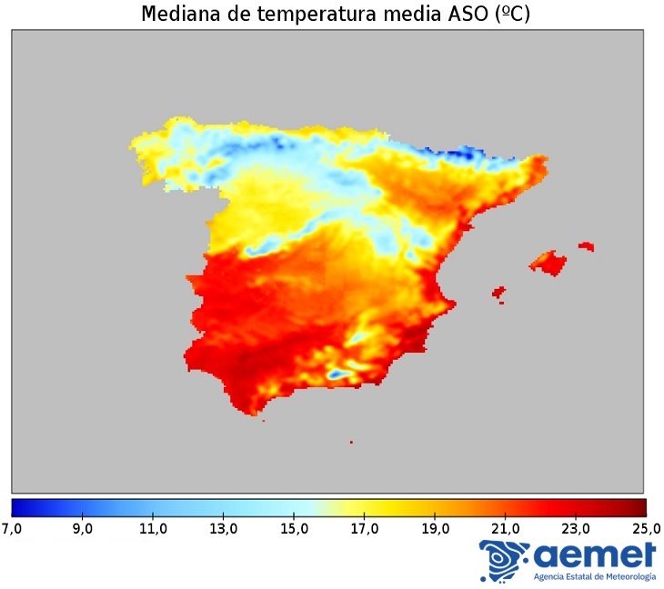 Mediana de la temperatura media (ºC) de la Península y Baleares
