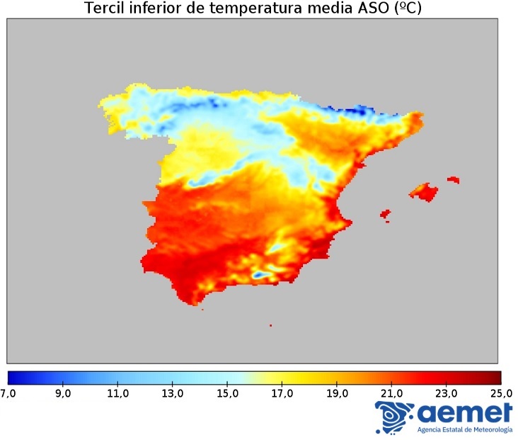 Tercil inferior de la temperatura media (ºC) de la Península y Baleares