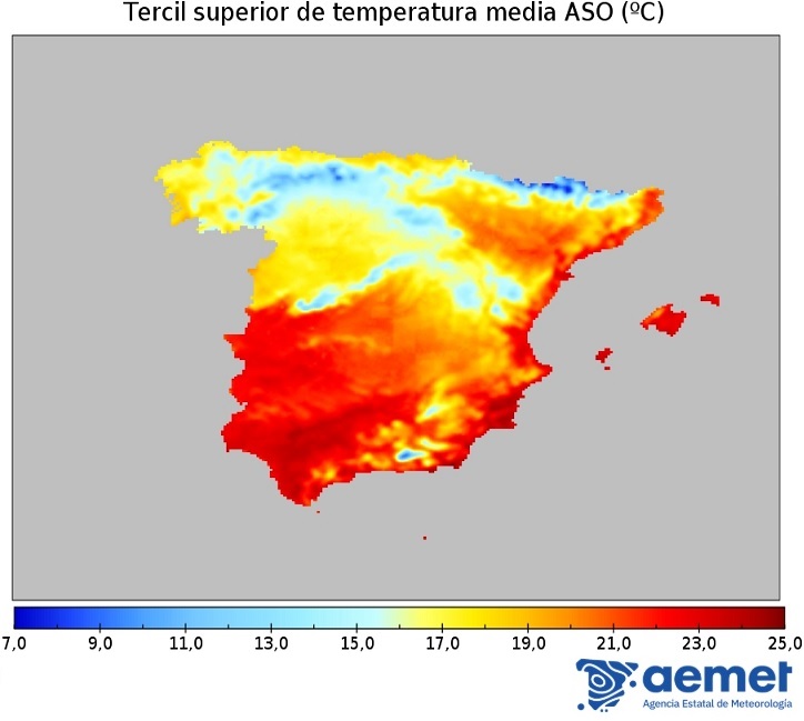 Tercil superior de la temperatura media (ºC) de la Península y Baleares