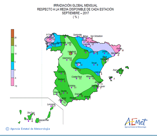 Distribución de la irradiación media global en España (septiembre 2017)
