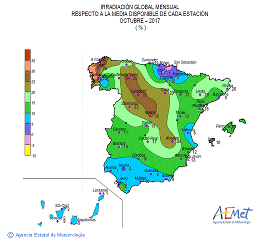 Distribución de la irradiación media global en España (octubre 2017)