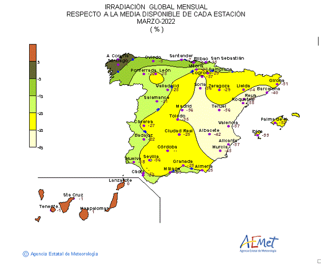 Distribución de la Irradiación media global en España (marzo 2022)