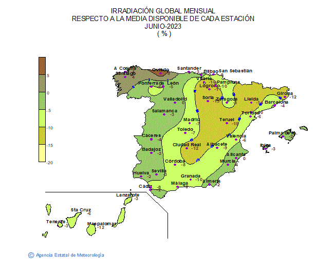 Distribución de la Irradiación media global en España (junio 2023)