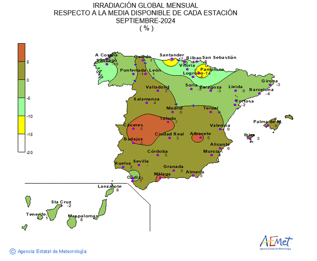 Distribución de la irradiación media global en España (septiembre 2024)
