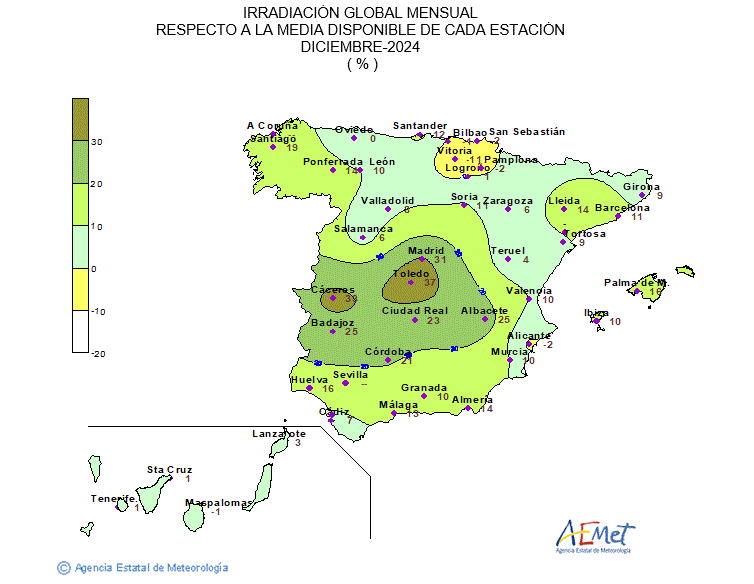 Distribución de la irradiación media global en España (diciembre 2024)