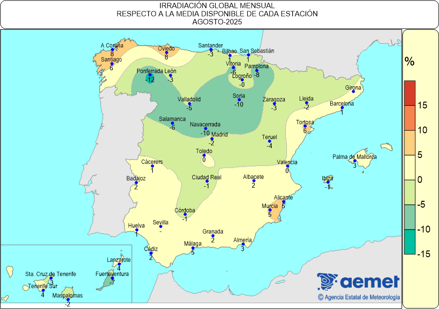 Distribución de la irradiación media global en España (agosto de 2025)