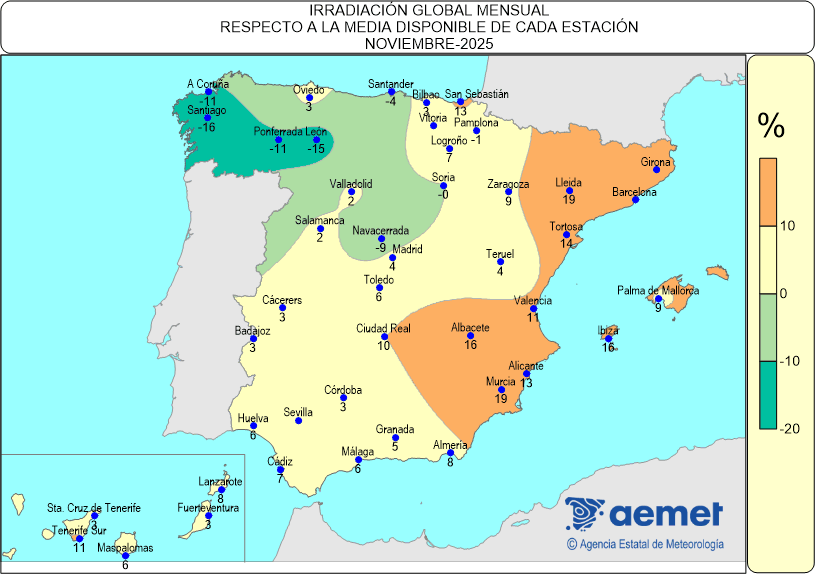 Distribuci&oacute;n de la irradiaci&oacute;n media global de Espa&ntilde;a (Noviembre 2025)