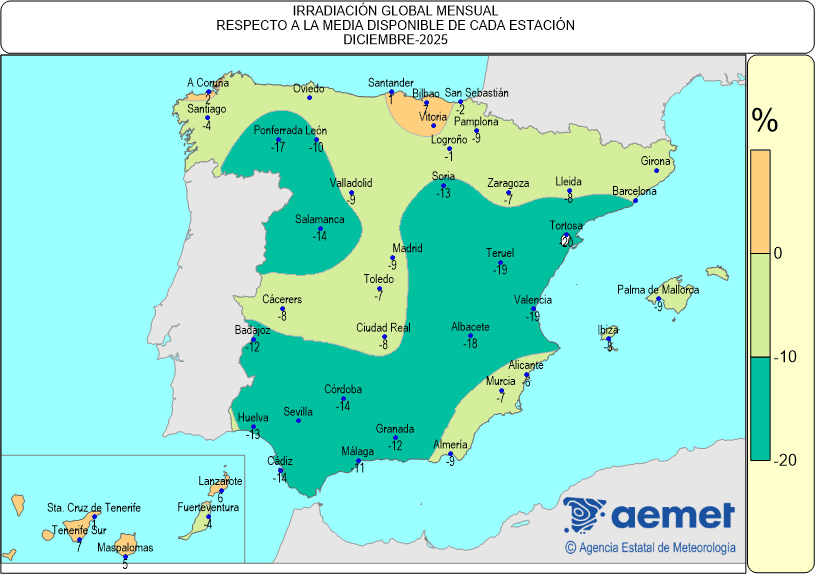 Distribuci&oacute;n de la irradiaci&oacute;n media global en Espa&ntilde;a (Diciembre 2025)